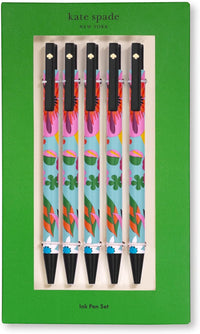 Kate Spade New York Black Ink Pen Set of 5, Cute Plastic Click Pens, Dots and Stripes
