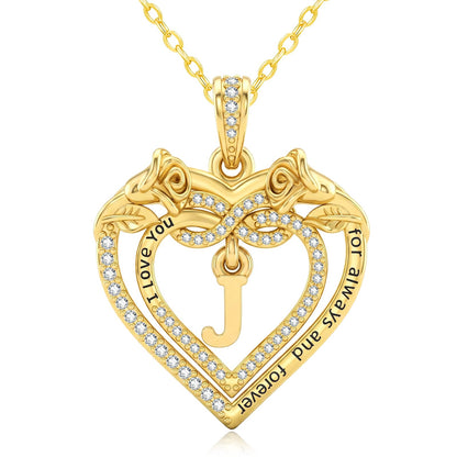 Uncle LOL Jewelry — 14K Gold Initial Letter Rose Heart Pendant Necklace for Women, Anniversary Birthday Jewelry Gifts for Wife Mom Grandma Sister Daughter, I Love You for Always And Forever