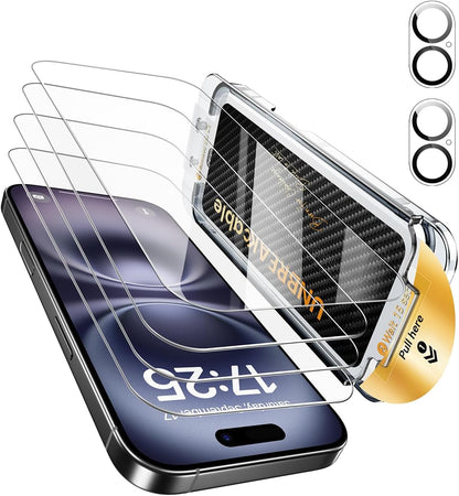 UNBREAKcable for iPhone 16 Pro Screen Protector 4+2 Pack [9H+ Military-Grade Shatterproof] [Effortless Bubble-Free Installation] Ultra HD Clarity Tempered Glass with Lens Protector, Case friendly