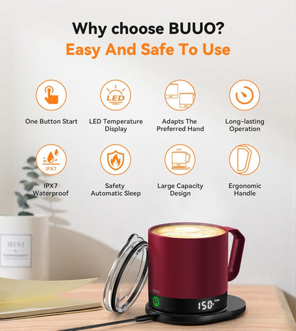 Heated Coffee Mug Rechargeable - Temperature Control Self Heating Coffee Mug 14oz with Lid, Double Sided & Real-Time LED Display, Hot up to 150℉, Birthday Gifts for Women and Men(Red)