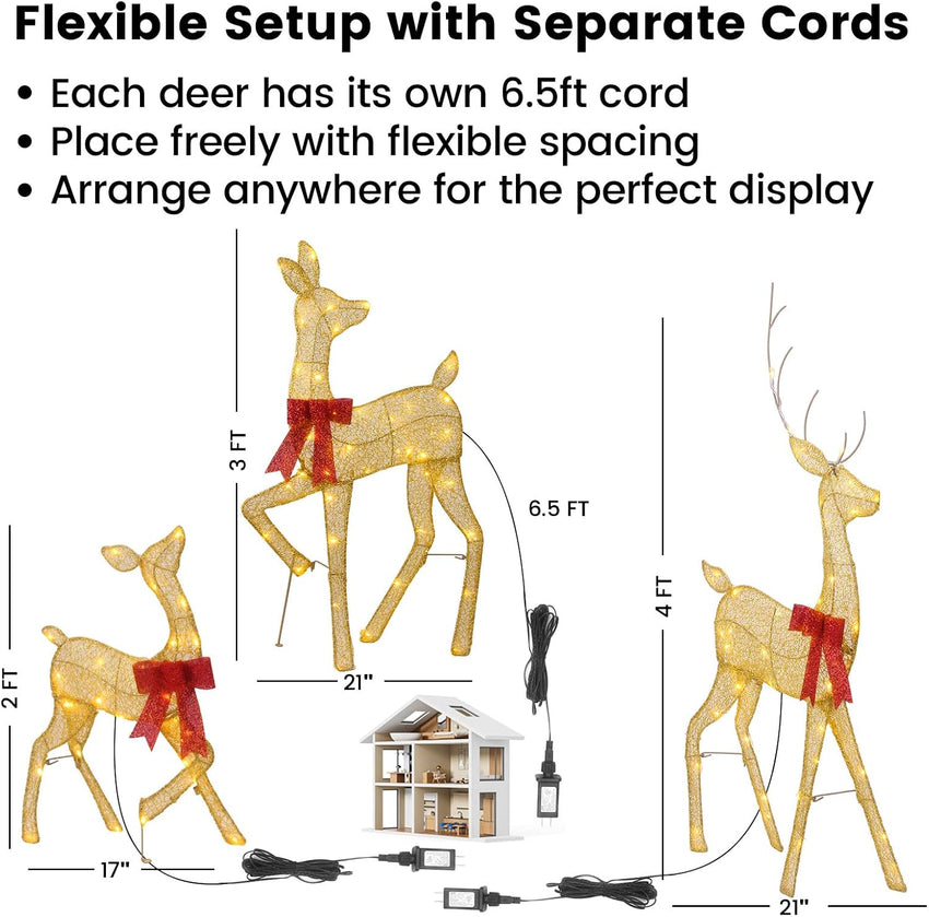 2D Lighted Reindeer Christmas Decorations Outdoor - Large 4FT Gold Deer Family Set with 115 LED Lights - Plug-in Waterproof Yard Decor with Separate Cords - Energy Saving Holiday Display 3 Pack