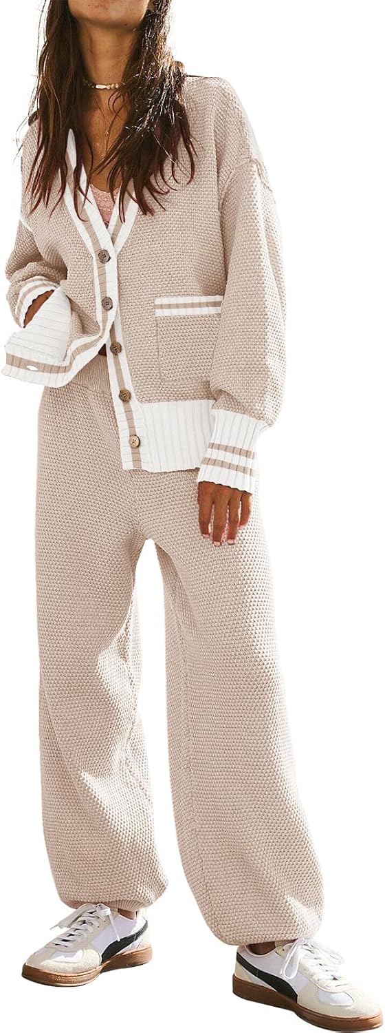 Women's 2 Piece Outfit Lounge Set Trendy Cardigan Sweater Pants Sets V Neck Button Pocket Knit Matching Loungewear