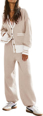 Women's 2 Piece Outfit Lounge Set Trendy Cardigan Sweater Pants Sets V Neck Button Pocket Knit Matching Loungewear