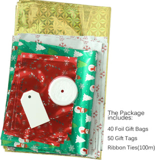 WesGen Christmas Gift Bags, 40Pcs Santa Wrapping Gift Bag in 4 Sizes and 4 Designs, with Ribbon Ties and Tags