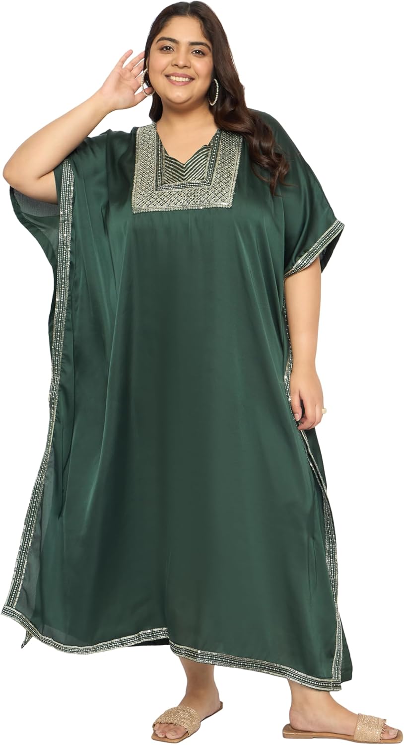 Gypsie Blu Women’s Plus Size Satin Sequin Kaftan Dress with Kimono Sleeves Casual Resort Wear Stylish Loose Fit Evening Dress