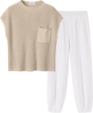 ANRABESS Women's Two Piece Outfits Knit Sweater Vest Crop Top Pants Lounge Matching Tracksuit Sweatsuit Travel Clothes Sets