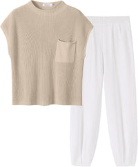 ANRABESS Women's Two Piece Outfits Knit Sweater Vest Crop Top Pants Lounge Matching Tracksuit Sweatsuit Travel Clothes Sets