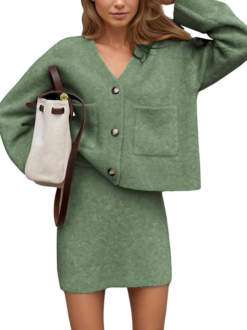 EXLURA Womens 2 Piece Skirt Sweater Sets V Neck Button Up Cardigan Mini Skirts Fall Winter Knit Trendy Outfits Pockets 2025