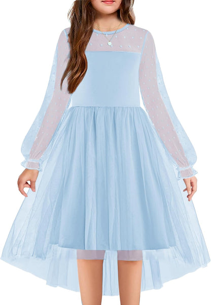 Arshiner Girls Dresses Contrast Mesh Long Sleeve Twirly High Low Birthday Party Formal Dress