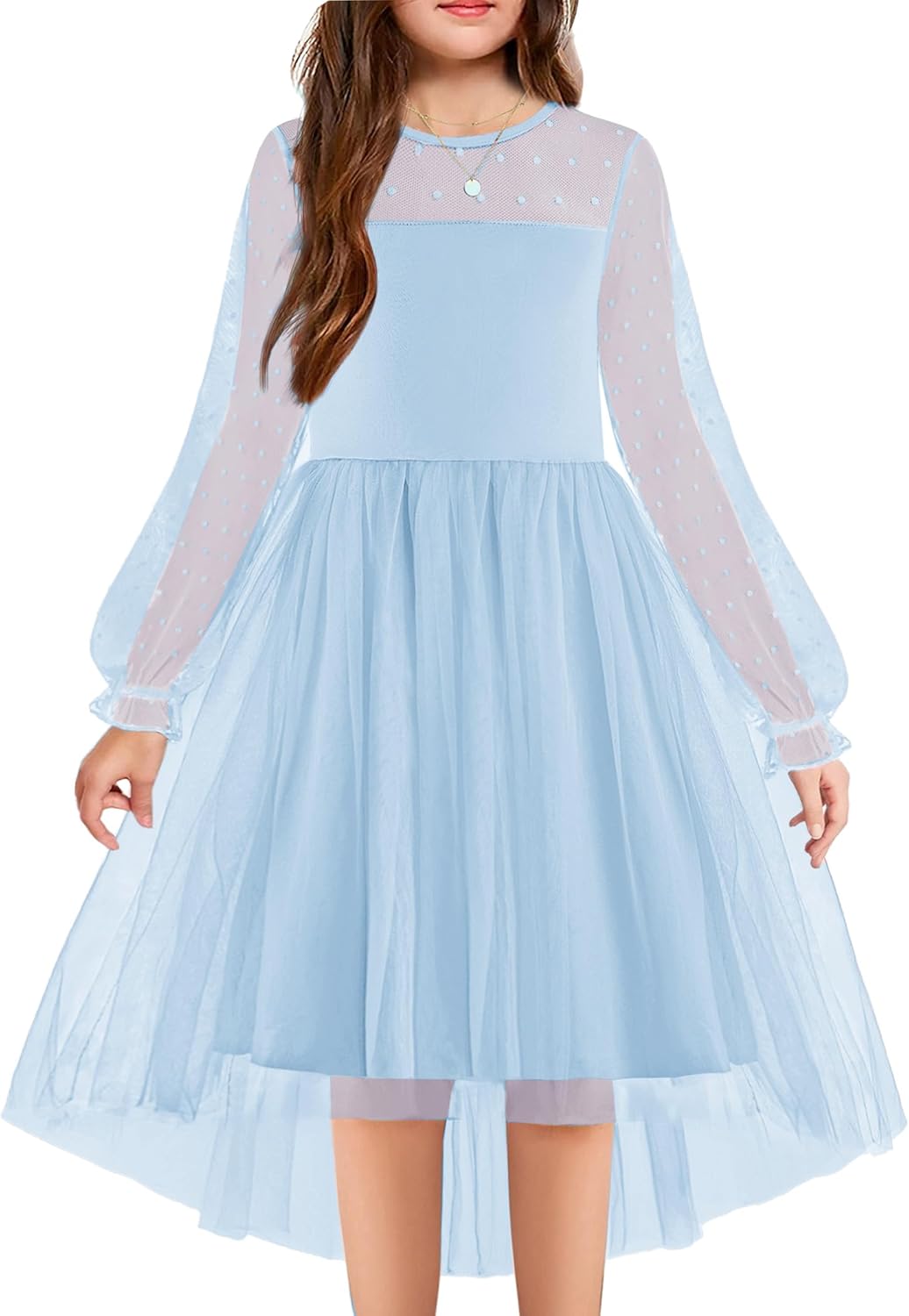 Arshiner Girls Dresses Contrast Mesh Long Sleeve Twirly High Low Birthday Party Formal Dress