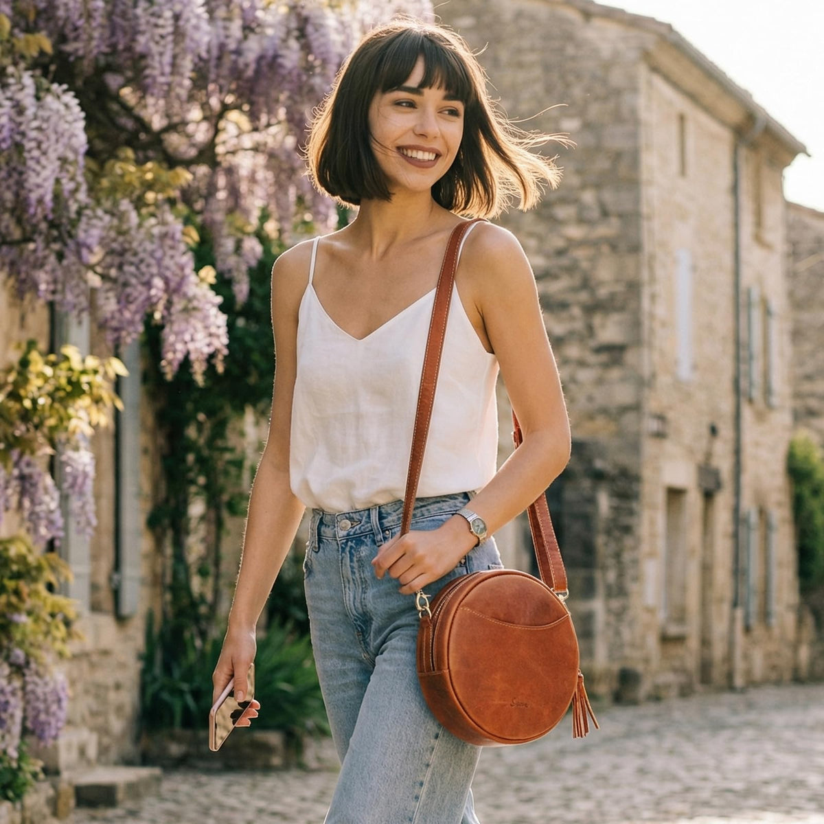 S-ZONE Leather Crossbody Bags for Women Circle Shoulder Round Purse Travel | Top Grain Leather, Keychain, Designer Handbag, Vintage, Multi Pockets, Detachable Strap, Eveyday Outing