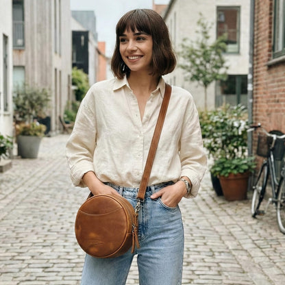 S-ZONE Leather Crossbody Bags for Women Circle Shoulder Round Purse Travel | Top Grain Leather, Keychain, Designer Handbag, Vintage, Multi Pockets, Detachable Strap, Eveyday Outing