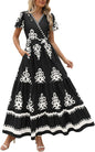 PRETTYGARDEN Womens 2025 Summer Casual V Neck Boho Maxi Dress Flowy Aline Bell Sleeve Tiered Floral Dresses with Pocket