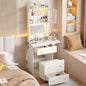 Maupvit Small Vanity Desk with Mirror and Lights, Modern Compact Make Up Vanity Set with Hidden Stool, Charging Station, Drawers, White Narrow Vanity Dressing Table with Fold-up Panel for Small Space