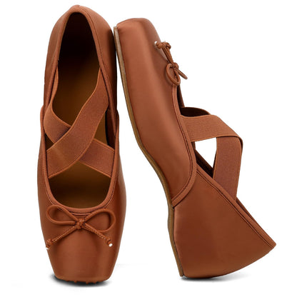 Women's Ballet Flats Square Toe Criss Cross Straps with Bow Low Wedge Shoes