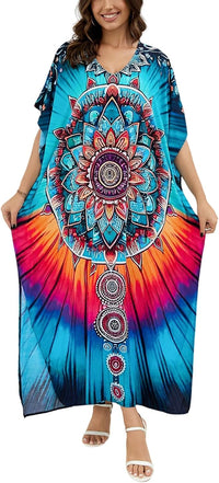 Women's Plus Size Loose Fit Moroccan Print V-Neck Batwing Kaftan Beach Dress Bathing Suit Cover Up