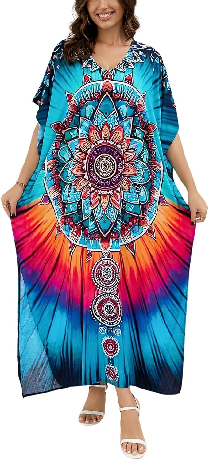 Women's Plus Size Loose Fit Moroccan Print V-Neck Batwing Kaftan Beach Dress Bathing Suit Cover Up