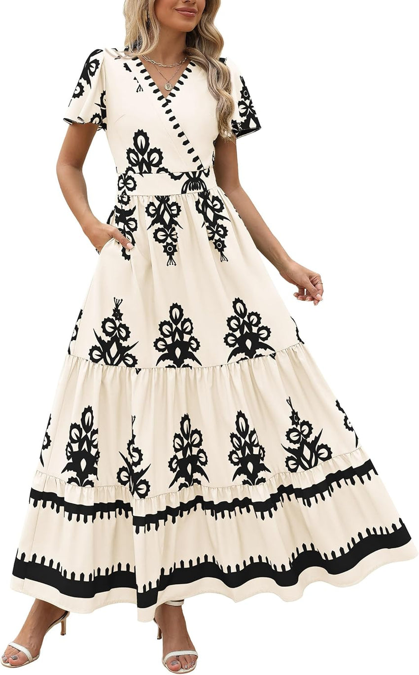 PRETTYGARDEN Womens 2025 Summer Casual V Neck Boho Maxi Dress Flowy Aline Bell Sleeve Tiered Floral Dresses with Pocket