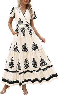 PRETTYGARDEN Womens 2025 Summer Casual V Neck Boho Maxi Dress Flowy Aline Bell Sleeve Tiered Floral Dresses with Pocket