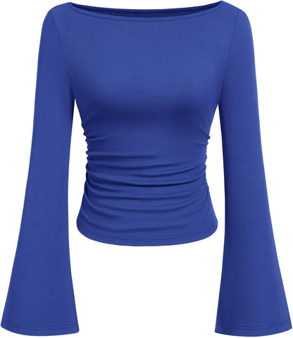 7DAY'S Women's Long Sleeve Shirts 2025 Fall Crop Going Out Tops Casual Boat Neck Bell Sleeve Ribbed Ruched Y2K Clothes