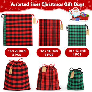 Shintop Christmas Gift Bags Drawstring, 9pcs Reusable Cloth Xmas Sacks Assorted Sized Buffalo Plaid Fabric Holiday Wrapping Pouches with Gift Tags for Party Presents(Red, Green)