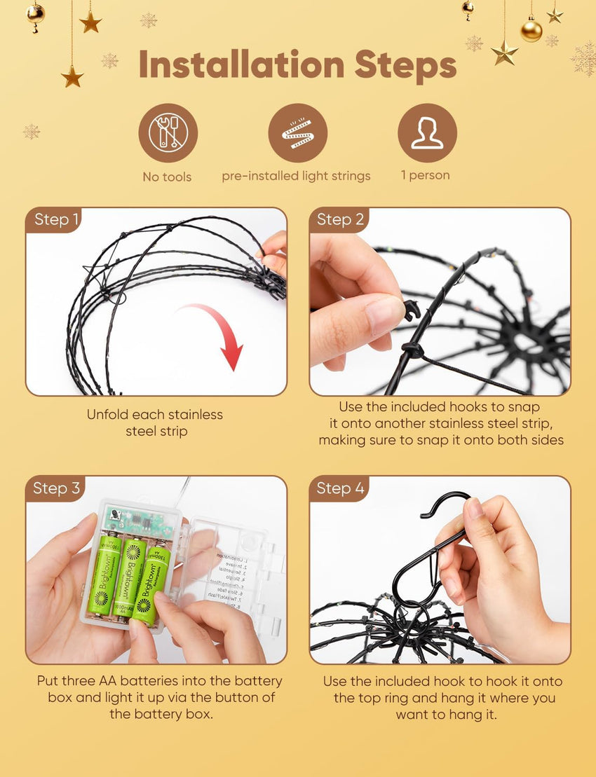 Brightown Christmas Ball Lights 3 Pack 12 Inch 120 LEDs, Battery Operated Sphere Lights with Timer,Waterproof 8 Modes with Hook for Outdoor Xmas Decorations Yard Porch Patio(Warmwhite)