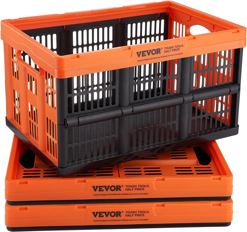 VEVOR 45L Collapsible Storage Bins with Lids 3 Packs, Stackable Utility Crates with Handles, Large Folding Containers for Organizing Tools, Snacks, Books, Food, Drinks, Camping & Transport