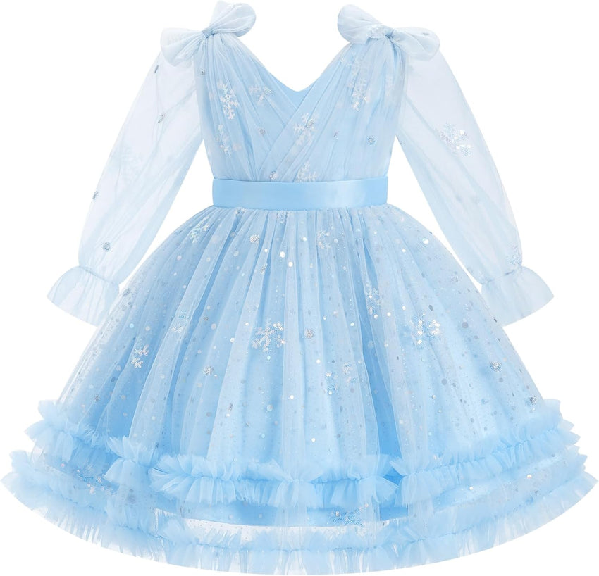 IMEKIS Toddler Kids Girls Tulle Dress Floral Embroidery Sparkly Wedding Party Long Sleeve Fall Photo Shoot Outfit 2-8T