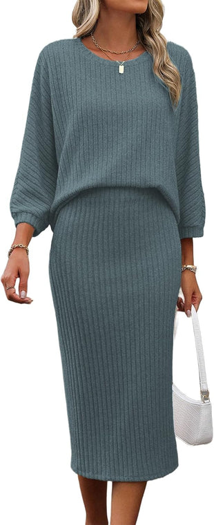 HBQ Women's 2 Piece Sweater Skirt Sets Ribbed Knit Loose Lantern Sleeve Top Midi Skirt Outfit Casual Loungewear Sets