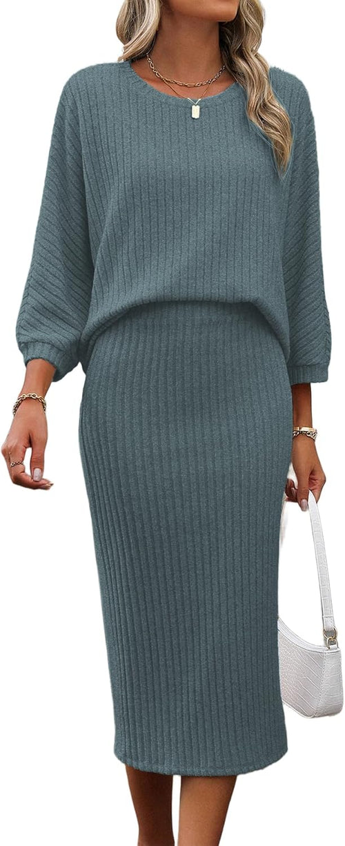 HBQ Women's 2 Piece Sweater Skirt Sets Ribbed Knit Loose Lantern Sleeve Top Midi Skirt Outfit Casual Loungewear Sets
