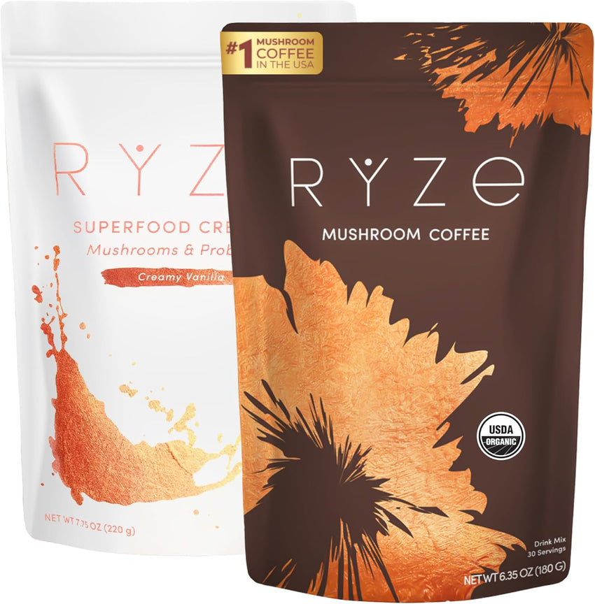 RYZE SUPERFOODS Mushroom Coffee USDA Organic with 6 Adaptogenic Mushrooms and MCT Oil, USA Grown Instant Coffee for Better Energy, Focus, Digestion, Immunity with Lions Mane & Turkey Tail, 30 servings