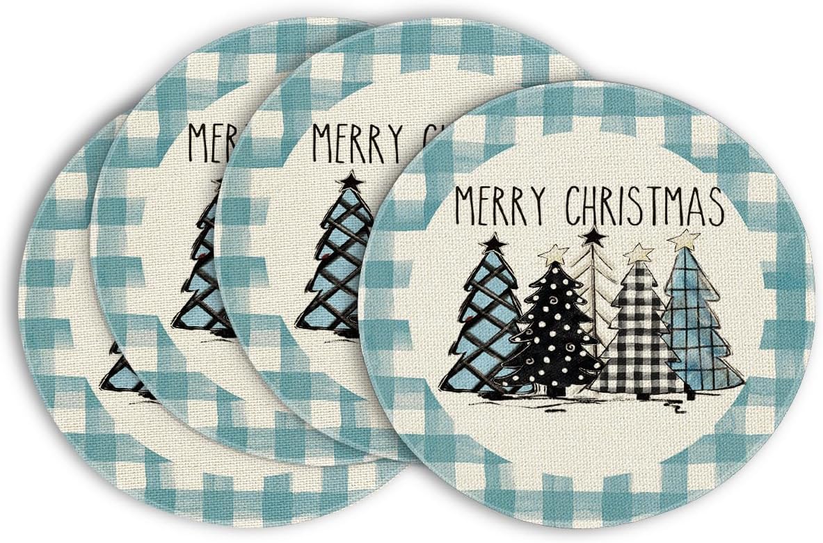 Artoid Mode Waterclor Buffalo Plaid Christmas Trees Placemats Set of 4, 12x18 Inch Winter Table Mats for Outdoor Home Party Kitchen Dining Decor