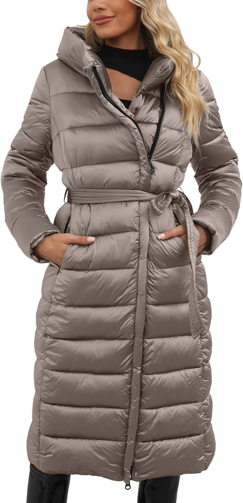 Bellivera Women's Puffer Jacket Lightweight Quilted Hooded Long Down Alternative Coat with Belt