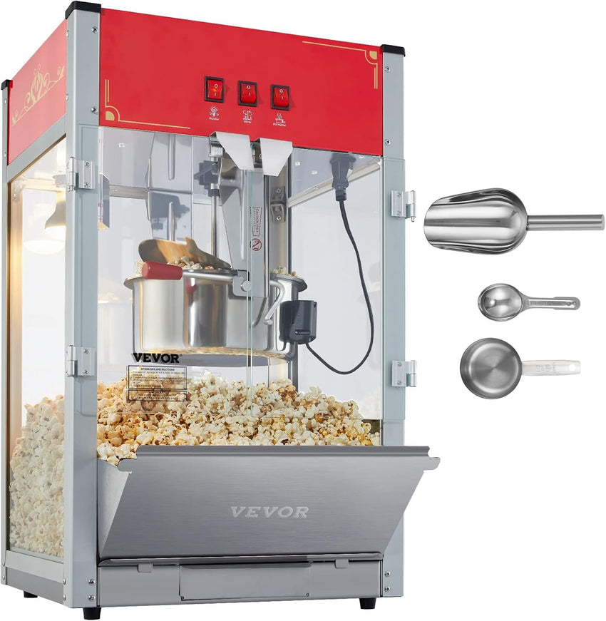VEVOR Commercial Popcorn Machine, 8 Oz Kettle, 850 W Popcorn Maker on Wheels for 48 Cups per Batch, Theater Style Popper with 3-Switch Control Steel Frame Tempered Glass Doors Cart 1 Scoop 2 Spoons
