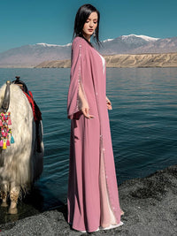 Elegant Beaded Abaya Robe, Open Front Long Sleeve Maxi Outerwear, Modest Cover-Up with Crystal Trim, NO INNER, Pink