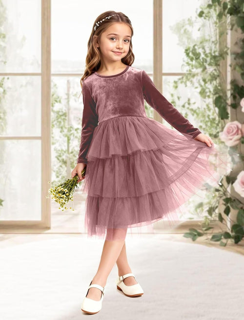 Christmas Dress Girls Velvet Tulle Puffy Long Sleeve Formal Party Dresses Princess Birthday Wedding Guest Dress