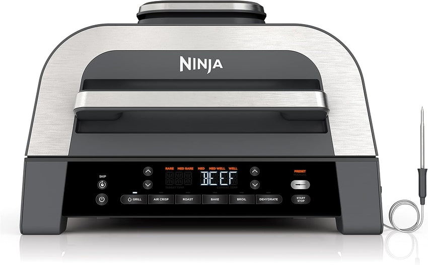 Ninja | Indoor Grill | Foodi | 5-in-1 (Grill, Air Fry, Roast, Bake, and Dehydrate | Fits up to 3lb Roast | Smoke Control System and Dishwasher Safe Parts| Black/Grey | AG301