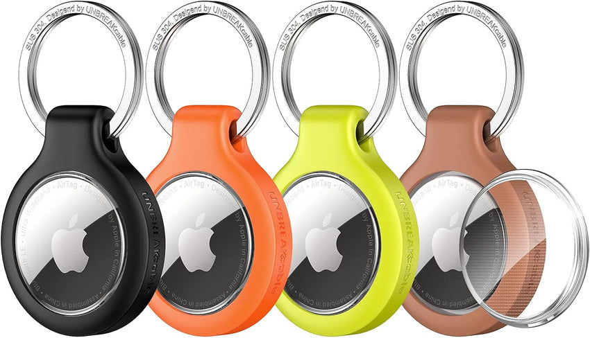 UNBREAKcable AirTag Holder for Apple - 4 Pack Air Tag Case [Fit Tightly Design] [Easy to Install] [Hold Securely] Waterproof TPU Protective Cover with Metal Keychain for Kids,Pet,Luggage,Backpack,Keys
