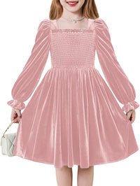 Arshiner Toddler Velvet Dress Girls Smocked Square Neck Puff Long Sleeve Party Dresses with Pockets 3-8Y