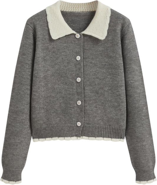 CIDER Cardigans for Women Trendy Knit Collar Button Up Contrasting Binding Regular Fit Crew Neck Cardigan