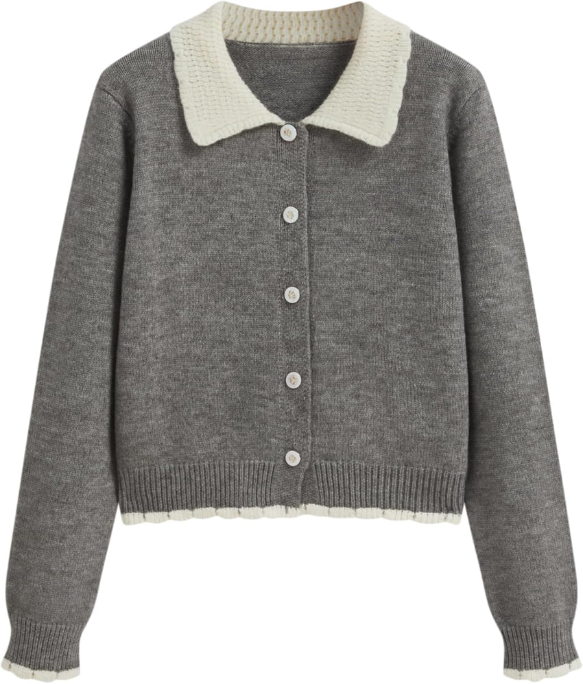 CIDER Cardigans for Women Trendy Knit Collar Button Up Contrasting Binding Regular Fit Crew Neck Cardigan