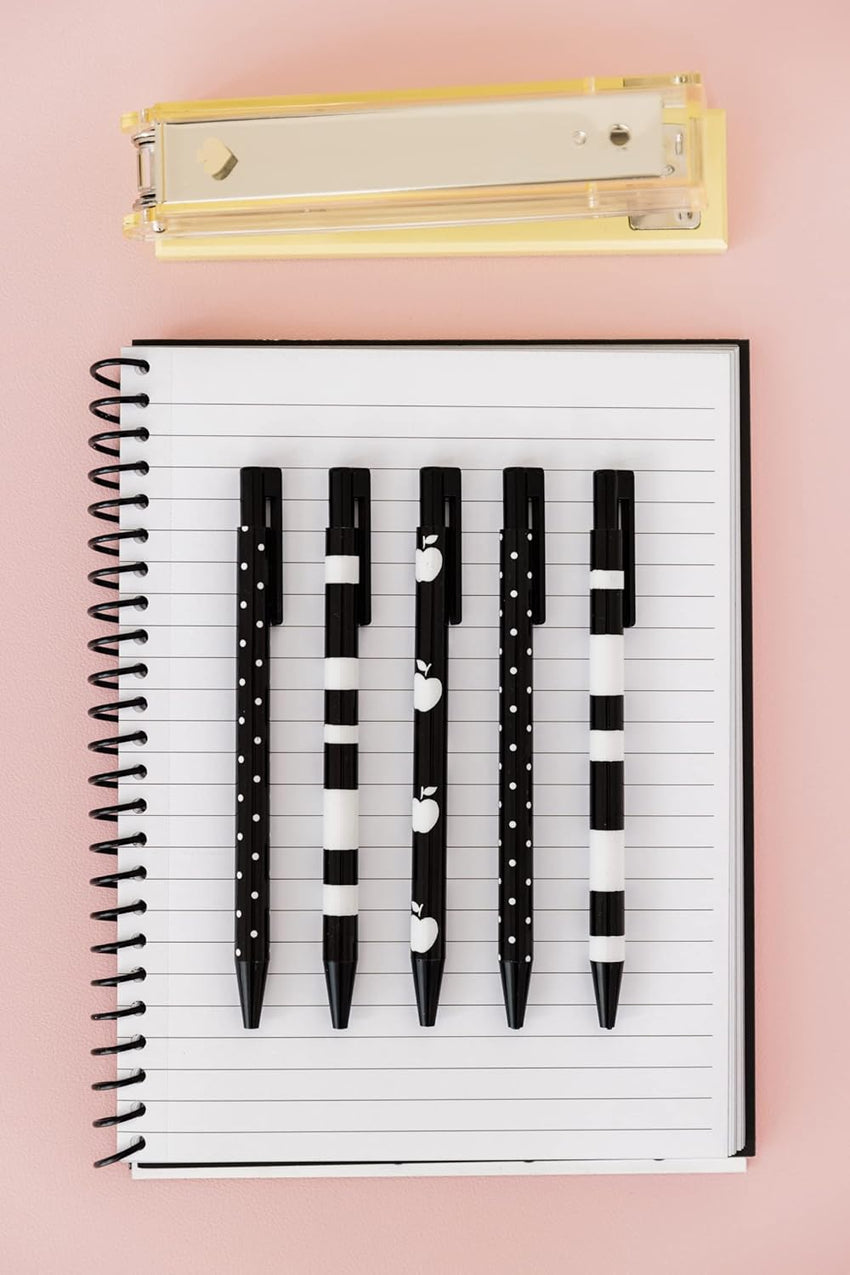 Kate Spade New York Black Ink Pen Set of 5, Cute Plastic Click Pens, Dots and Stripes