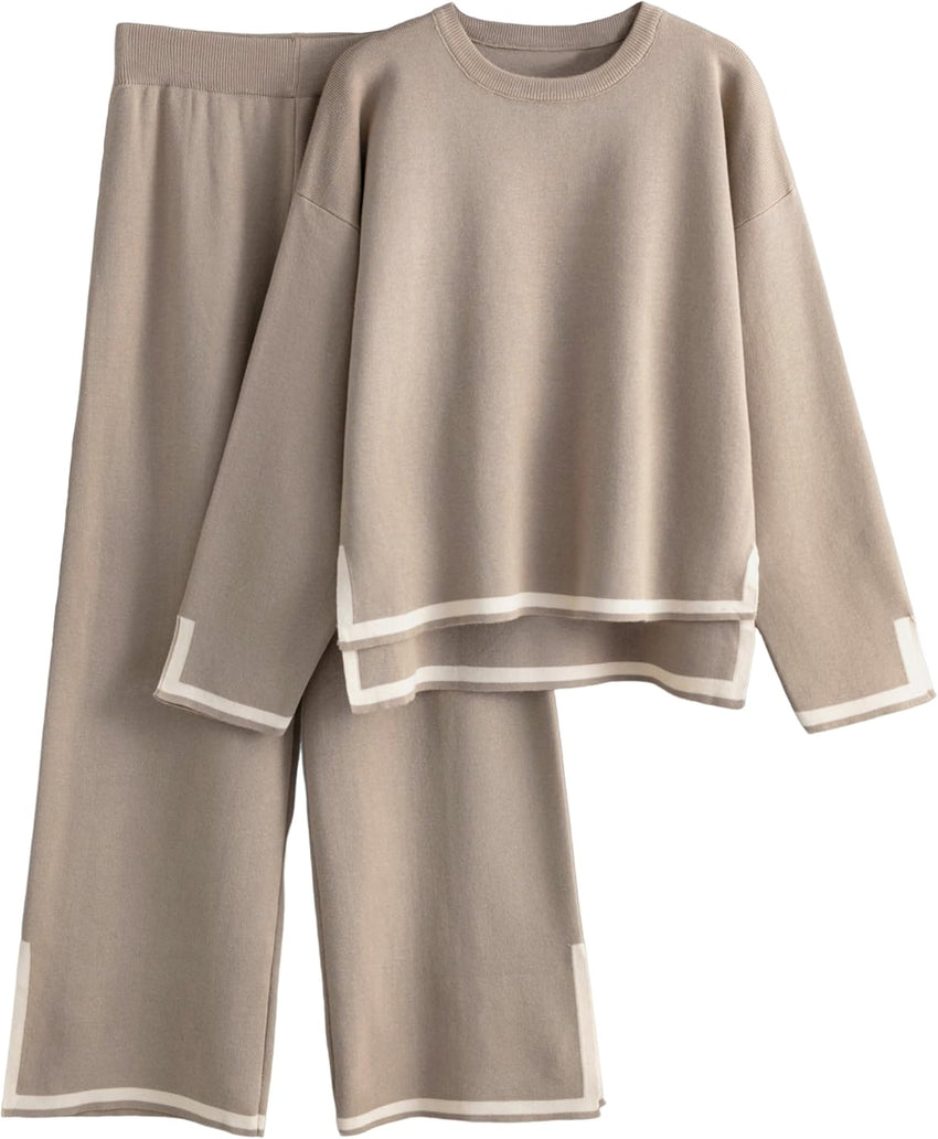 Tanming Women's 2 Piece Outfits Long Sleeve Knit Sweater Top Wide Leg Pants Lounge Sets Tracksuits