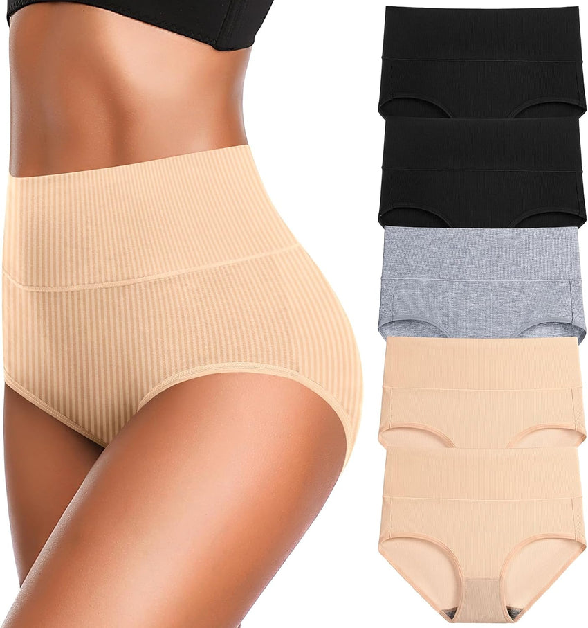 Women's High Waist Cotton Underwear Super Stretchy Briefs Full Coverage Panties Soft Women Panties 5-Pack