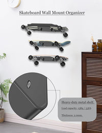NOTMBESTM Wall Mount Holder for Skateboard/Snowboard/Longboard, Skate Deck Wall Mount Fit for Scooters/Skis Wall Hanger Display, Skateboard Shelf Rack 2.0mm Thick Metal Heavy-Duty with Hooks