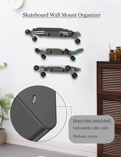 NOTMBESTM Wall Mount Holder for Skateboard/Snowboard/Longboard, Skate Deck Wall Mount Fit for Scooters/Skis Wall Hanger Display, Skateboard Shelf Rack 2.0mm Thick Metal Heavy-Duty with Hooks