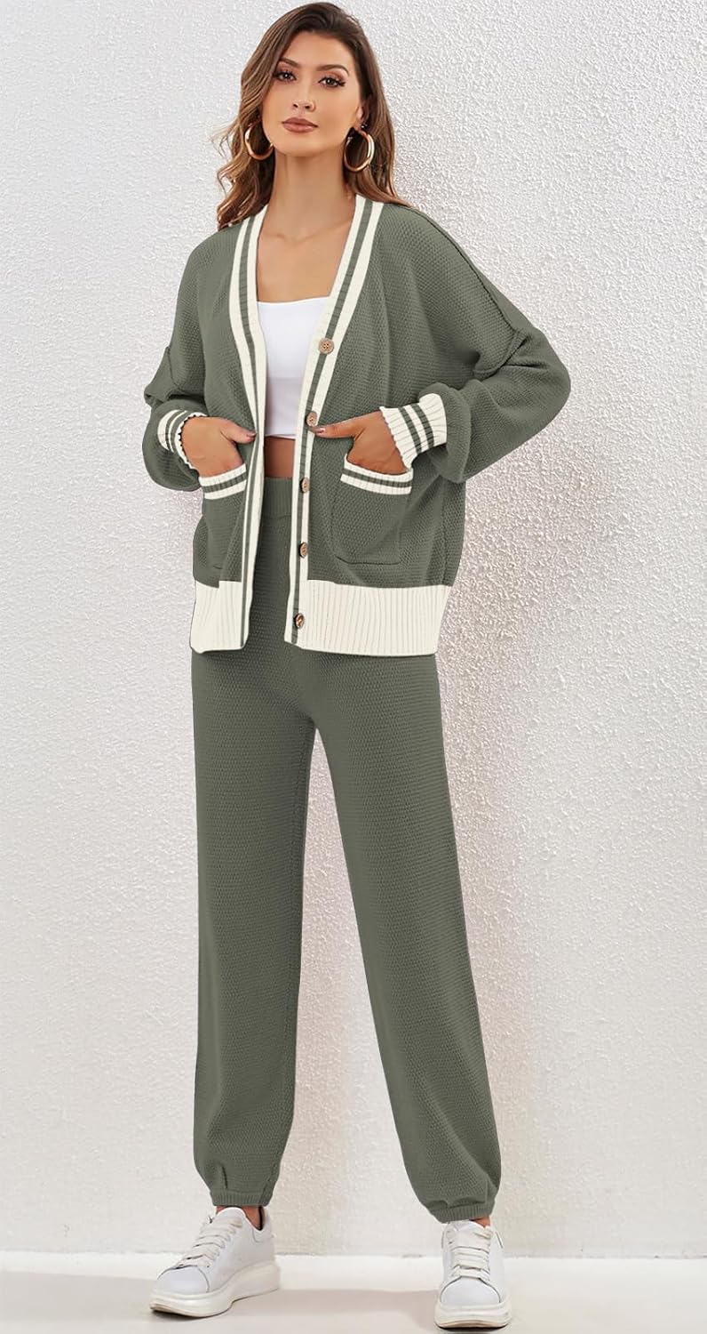 Women's 2 Piece Outfit Lounge Set Trendy Cardigan Sweater Pants Sets V Neck Button Pocket Knit Matching Loungewear