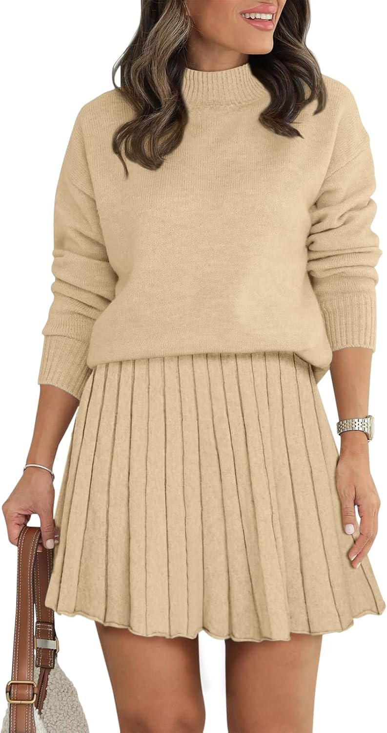 Women's Two Piece Outfits Turtleneck Long Sleeve Ribbed Knit Tops Pleated Mini Skirt 2025 Casual Sweater Sets