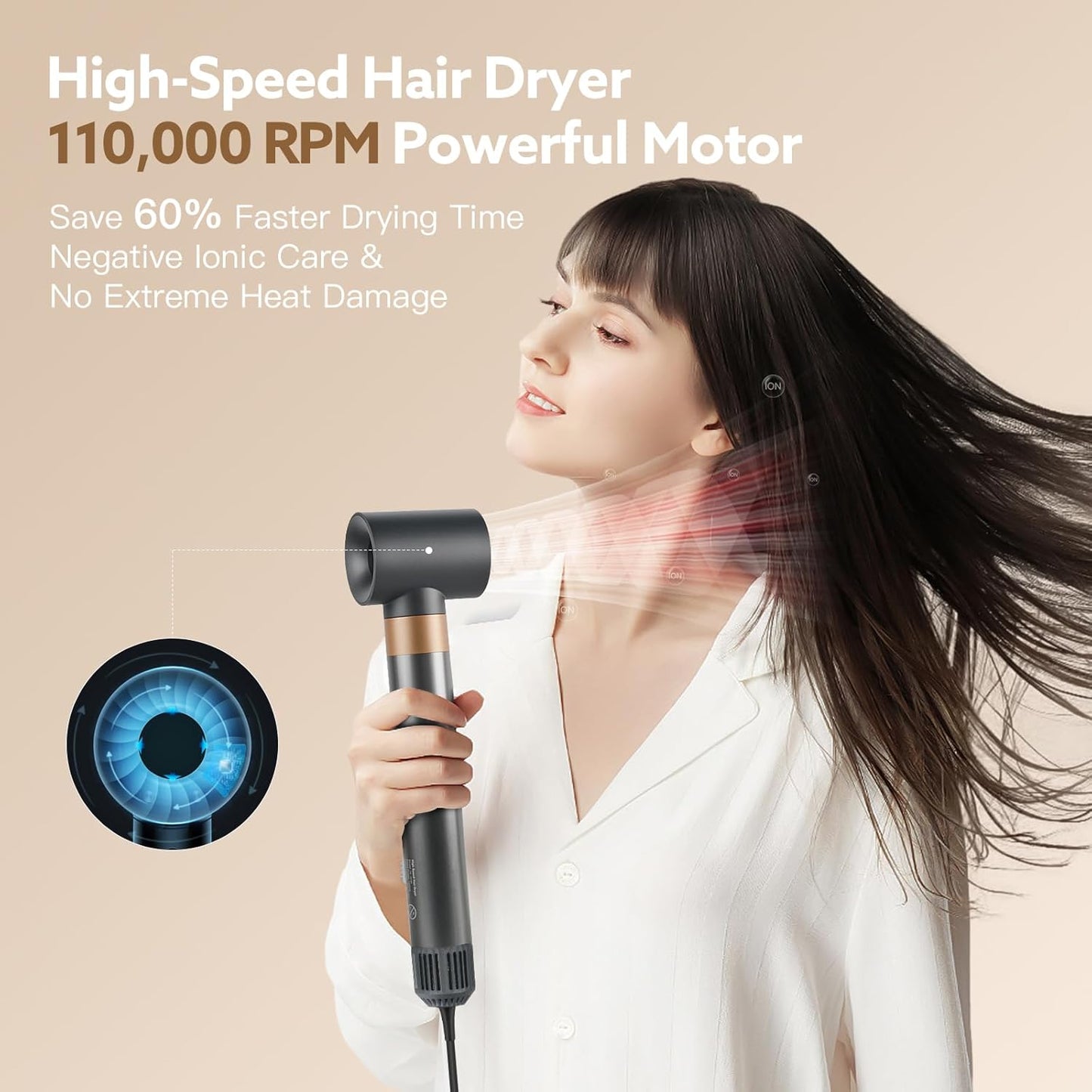 Hair Dryer Brush, webeauty 5 in 1 Professional Hot Air Styling, High-Speed Negative Ionic Hair Dryer Fast Drying, Multi Hair Styler with Air Curling Iron, Volumizing, with Carrying Case (Grey Gold)