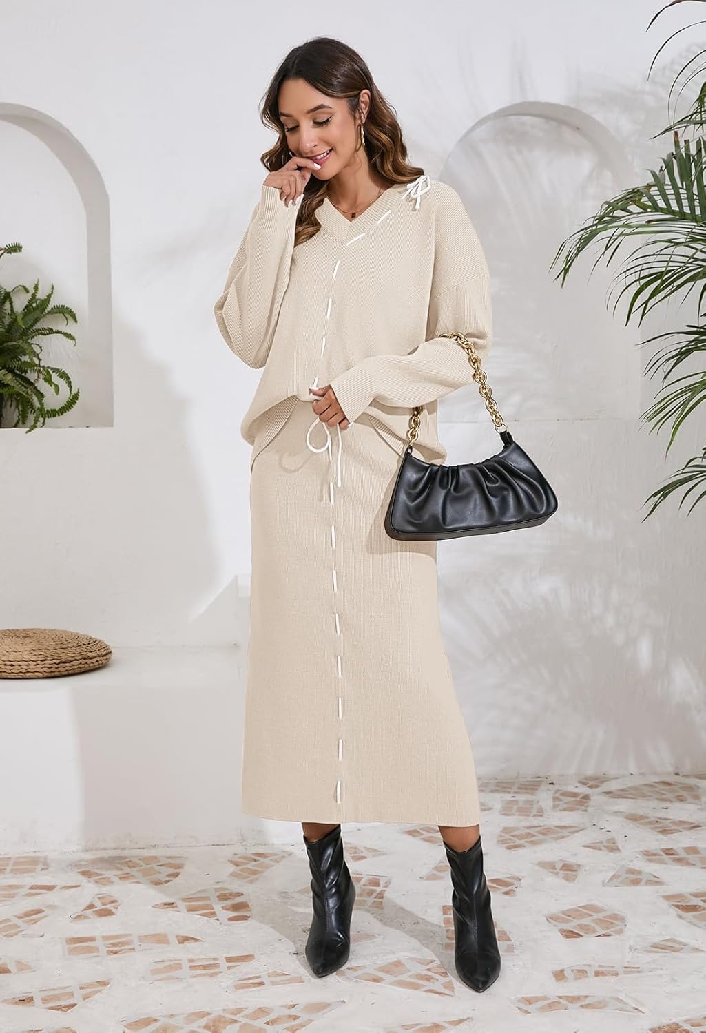Pink Queen 2025 Women's 2 Piece Sweater Set V Neck Rib Knit Long Sleeve Maxi Bodycon Skirt Casual Outfits